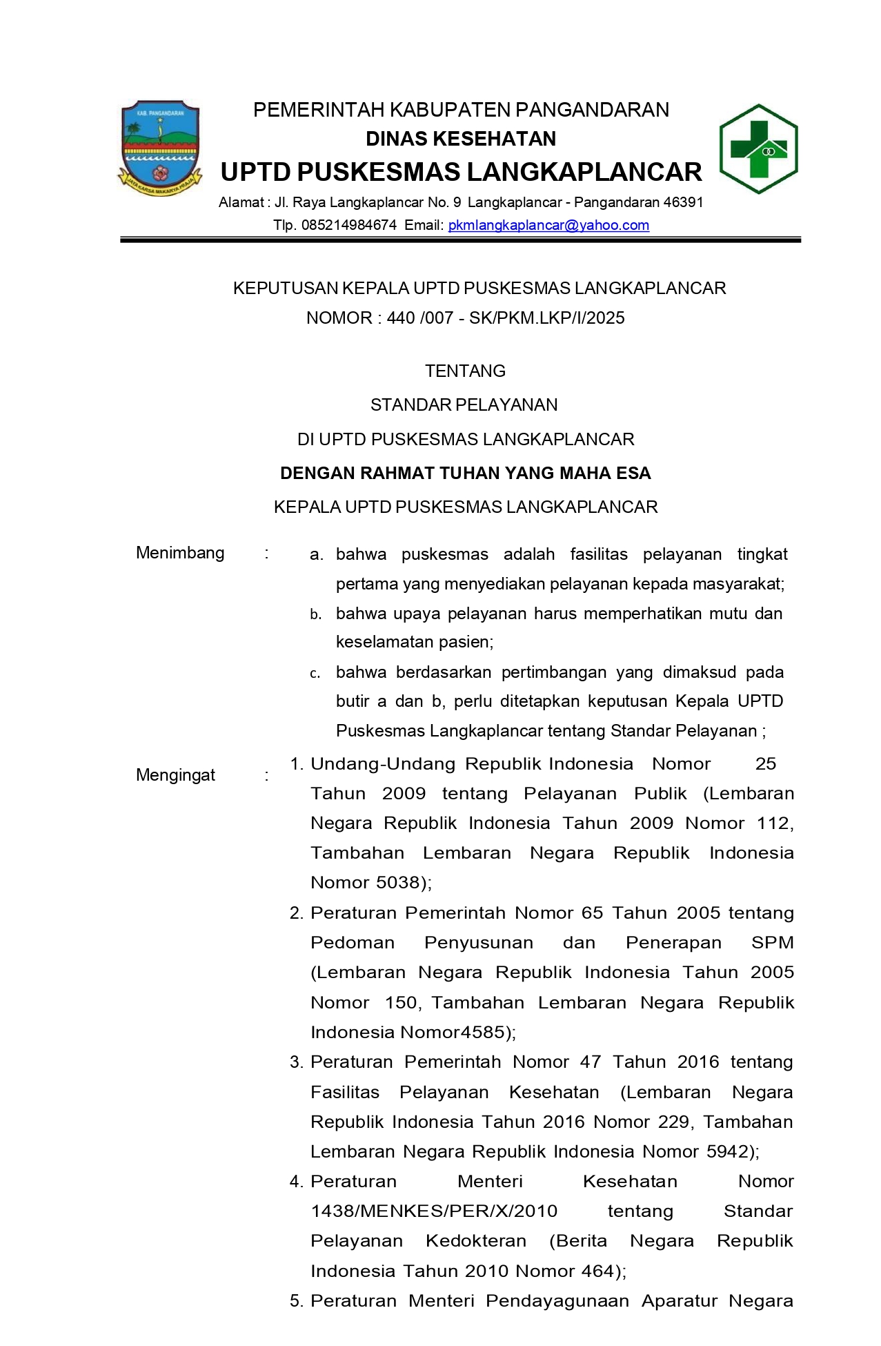 STANDAR PELAYANAN UPTD PUSKESMAS LANGKAPLANCAR