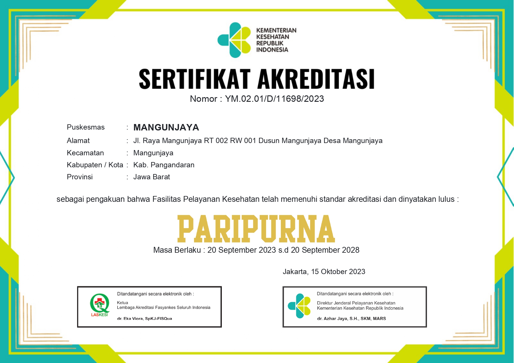 Puskesmas Mangunjaya Bersertifikat  "Paripurna"