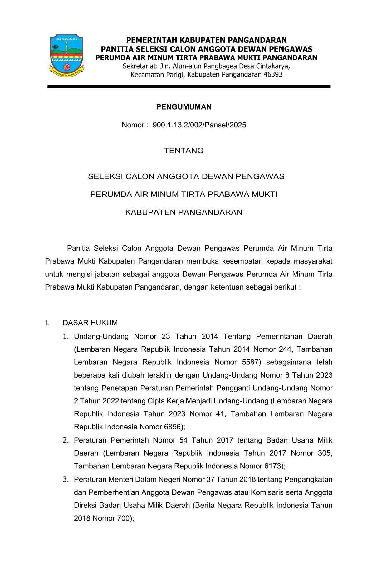 SELEKSI CALON ANGGOTA DEWAN PENGAWAS PERUMDA AIR MINUM TIRTA PRABAWA MUKTI KABUPATEN PANGANDARAN