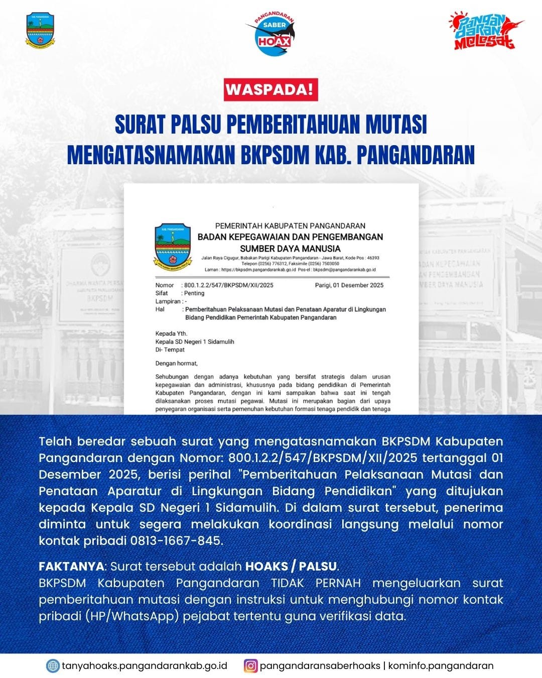 [HOAKS] Waspada Surat Palsu Pemberitahuan Mutasi Mengatasnamakan BKPSDM Pangandaran