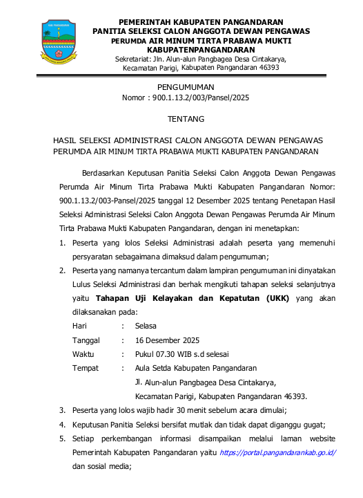 HASIL SELEKSI ADMINISTRASI CALON ANGGOTA DEWAS PERUMDA AIR MINUM TIRTA PRABAWA MUKTI PANGANDARAN