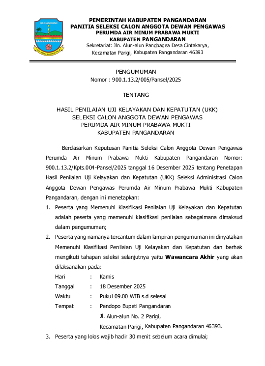 HASIL PENILAIAN UJI KELAYAKAN & KEPATUTAN (UKK) SELEKSI CALON ANGGOTA DEWAS PERUMDA AIR MINUM PRABAWA MUKTI KAB PANGANDARAN