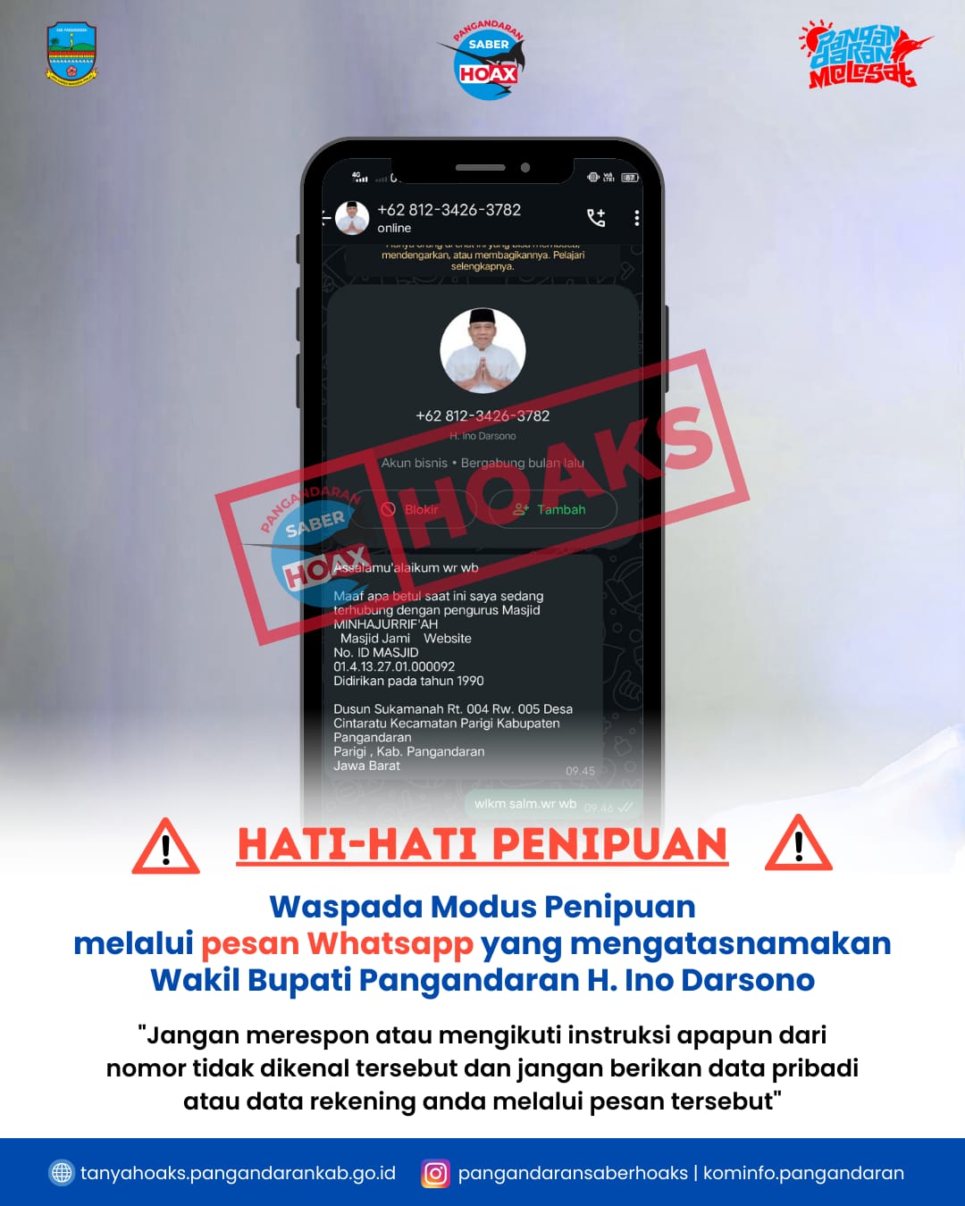Hati-Hati Penipuan Mengatasnamakan Wakil Bupati Pangandaran  H. Ino Darsono