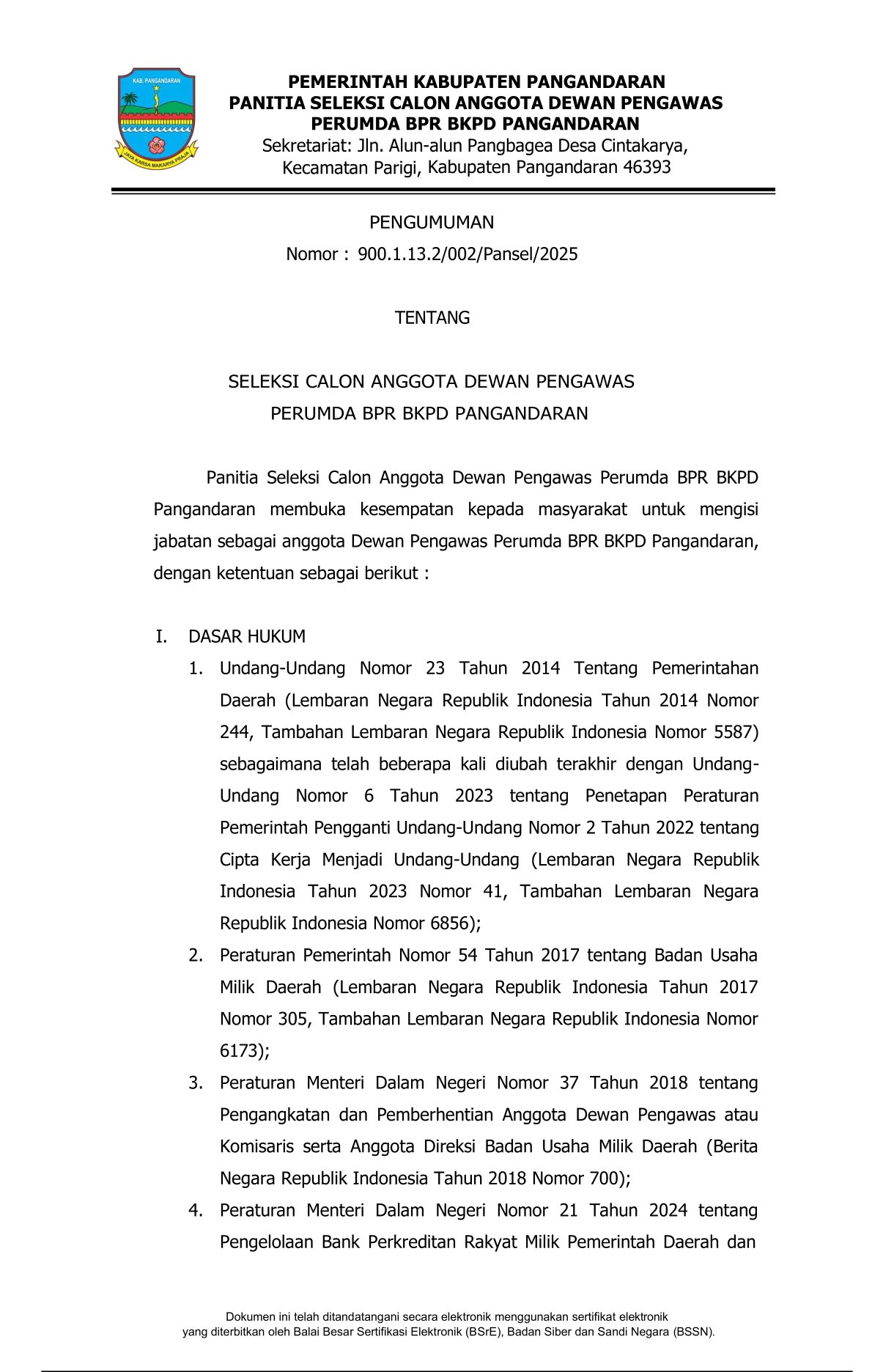 SELEKSI  CALON ANGGOTA DEWAS PERUMDA BPR BPKD PANGANDARAN